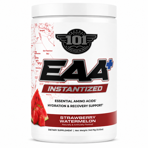 A white plastic tub of 101 EAA+ Instantized dietary supplement in Strawberry Watermelon flavor, featuring a white label with red and black text and watermelon graphics.