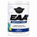 A white plastic tub of 101 EAA+ Instantized Essential Amino Acids in Blue Hawaiian flavor, featuring a white lid and a label with blue and black graphics.