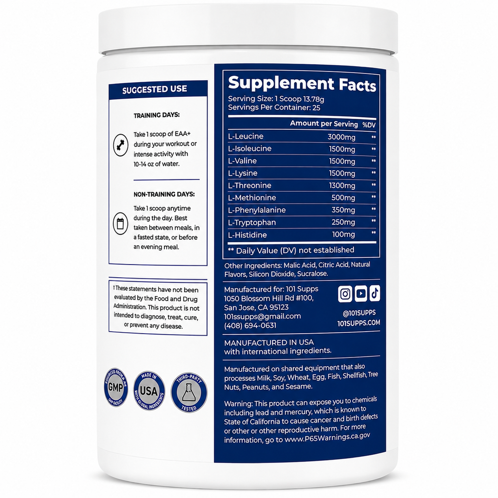 A white plastic bottle of dietary supplements shown from the back, featuring a detailed blue and white Supplement Facts label with training day instructions and ingredient lists.