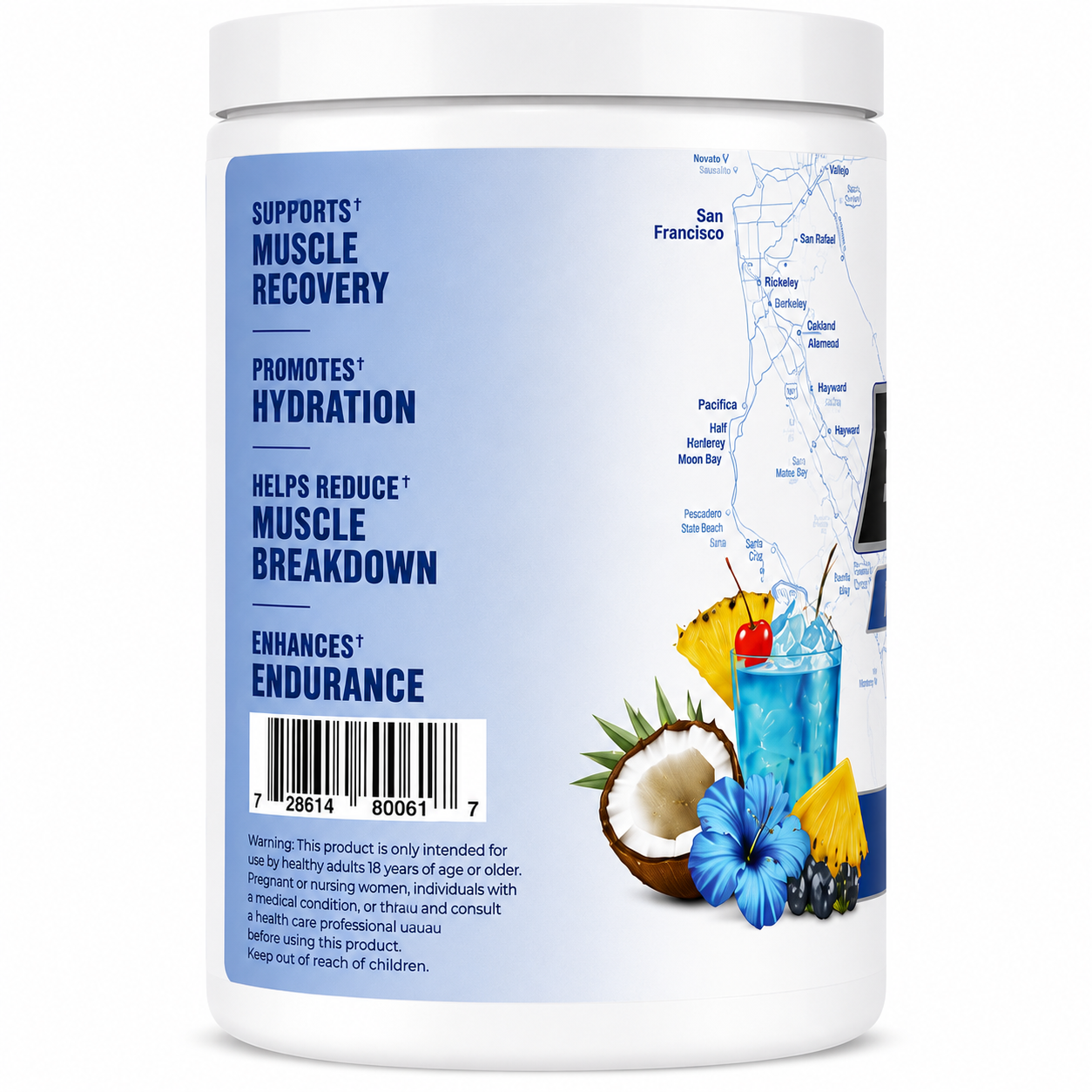 A white plastic supplement tub with a white lid, featuring a light blue label with dark blue text and tropical beverage graphics including a blue cocktail, pineapple, blue flower, and a coconut half.