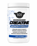 A white plastic tub of 101 Nutrition Micronized Creatine Monohydrate, unflavored, on a clean white background.