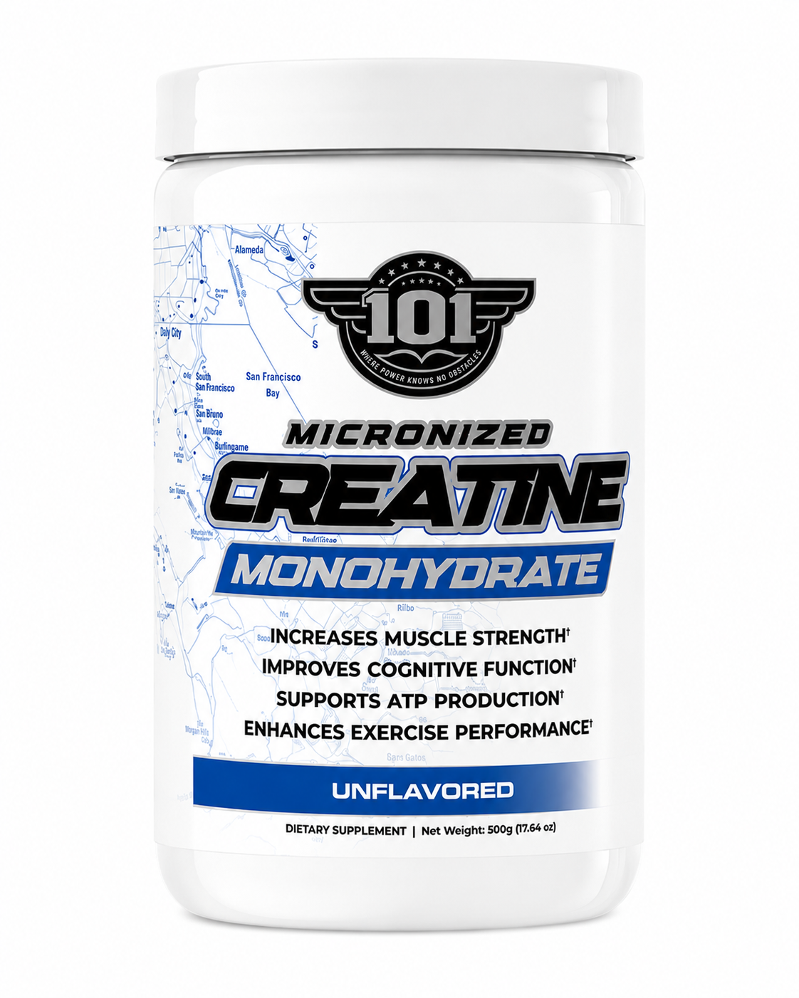A white plastic tub of 101 Nutrition Micronized Creatine Monohydrate, unflavored, on a clean white background.