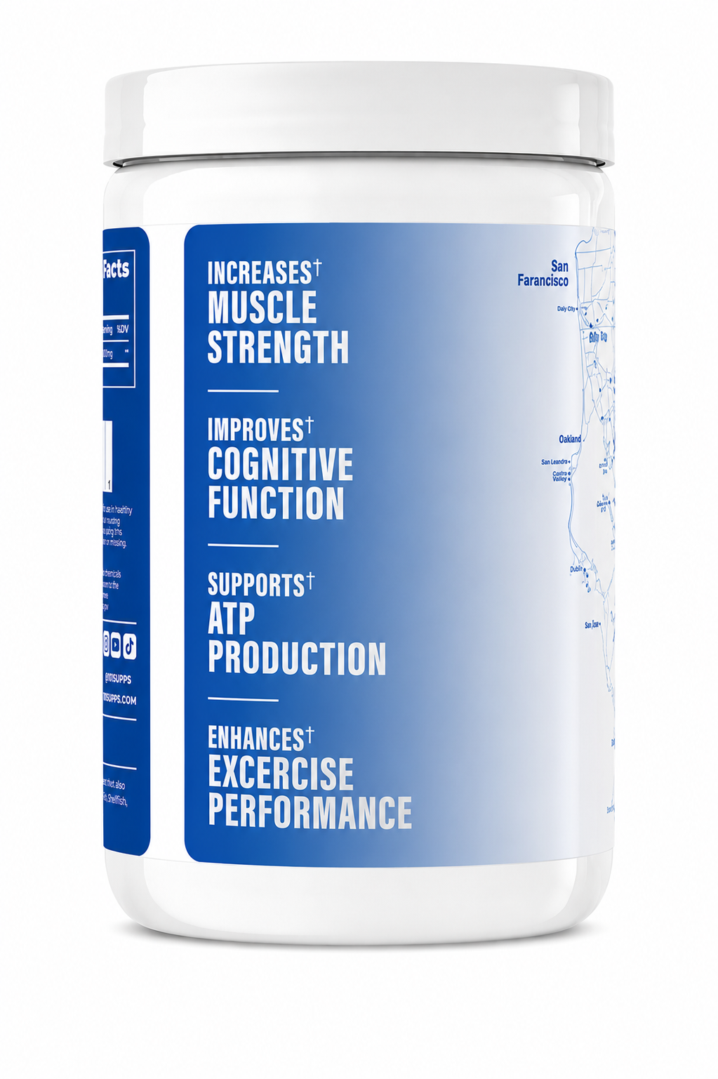 A white plastic supplement tub with a blue label, featuring text that reads 'INCREASES MUSCLE STRENGTH', 'IMPROVES COGNITIVE FUNCTION', 'SUPPORTS ATP PRODUCTION', and 'ENHANCES EXERCISE PERFORMANCE'.