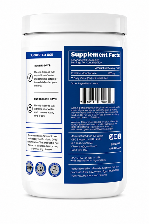 A white plastic supplement jar shown from the back, featuring a large blue and white label with Supplement Facts, suggested use, and certification logos.