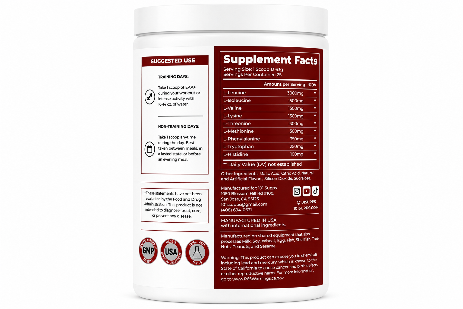A white plastic supplement tub shown from the back, displaying the Supplement Facts panel, suggested use, and certification logos against a plain white background.