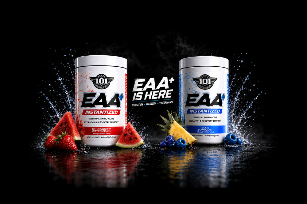 Two containers of 101 EAA+ supplement with fruit on a black background