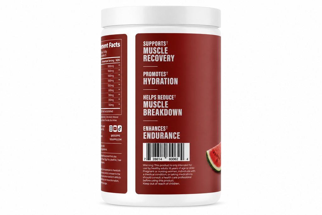 A white plastic supplement tub with a dark red label, showing the side and back of the container with text detailing muscle recovery and hydration benefits, and a slice of watermelon graphic on the label.